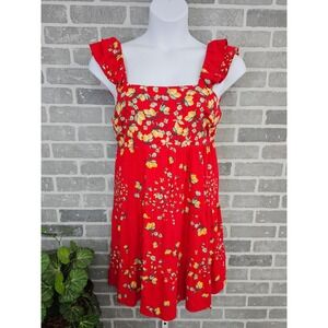 Lauren Conrad Floral Mini Dress Women's Large Ruffle Sleeves Tie Back Red‎ NWT